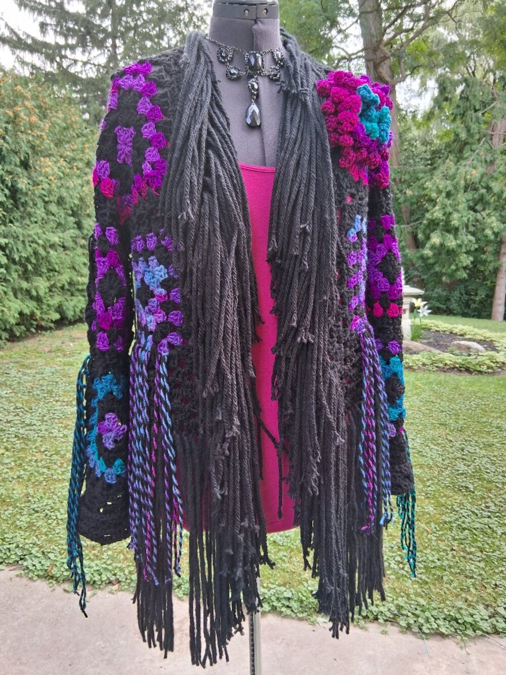 Boho Black Colorful Granny Square Super Fringe Sweater Large - Picture 4 of 13